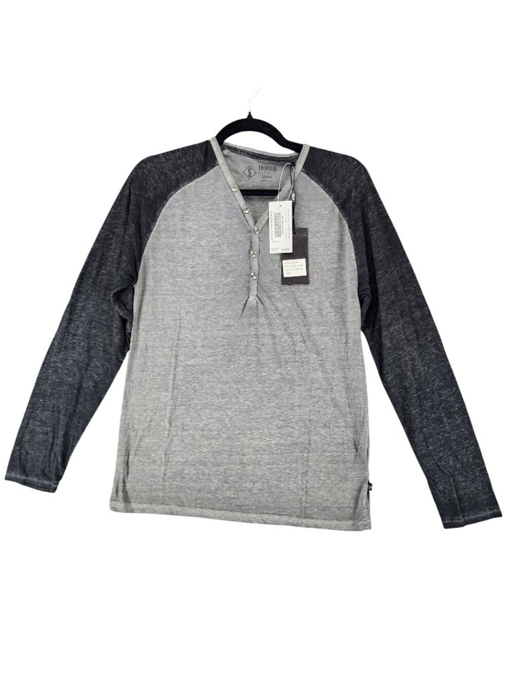 Indigo Star Shirt Mens Small Gray Black Long Sleeve Raglan Jersey Henley *NWT*